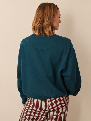 A woman shown from the back wearing a dark teal long-sleeve sweatshirt and red-and-white vertically striped pants, standing against a plain beige wall.
