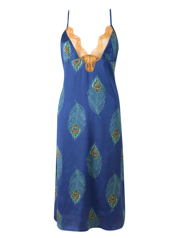 Womens Satin Lace Midi Cami Night Dress Navy Peacock