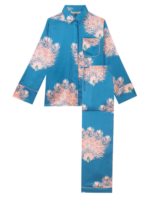 Womens Satin Oversize Concealed Buttons Pyjama Teal Ostrich