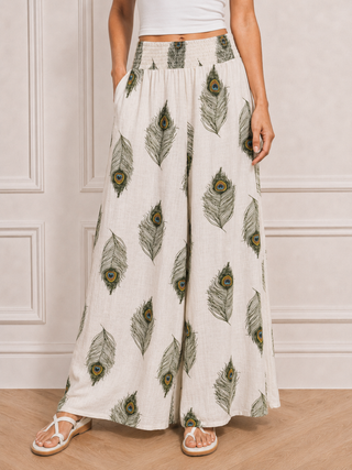 Womens Linen Mix Trouser Cream Peacock