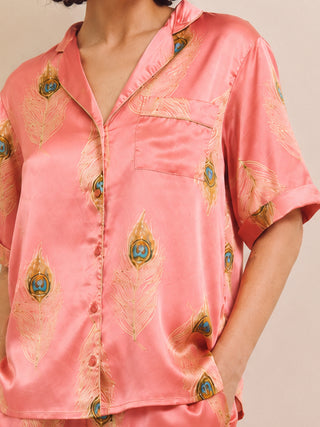 Womens Satin Shortie Pyjamas Pink Gold Peacock Feather