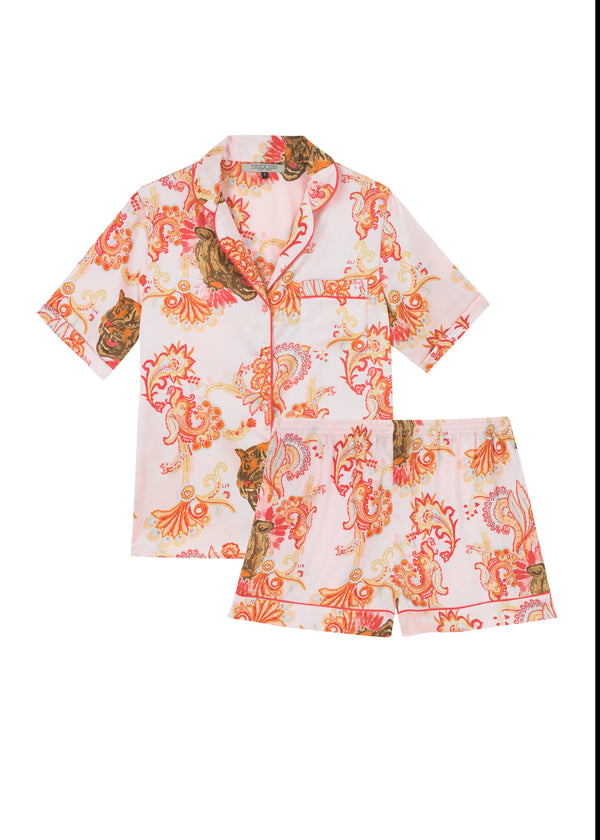 Womens Satin Shortie Pyjamas Pink Wild Paisley