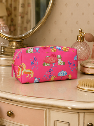 Pink patterned Cosmetic bag on a dressing table