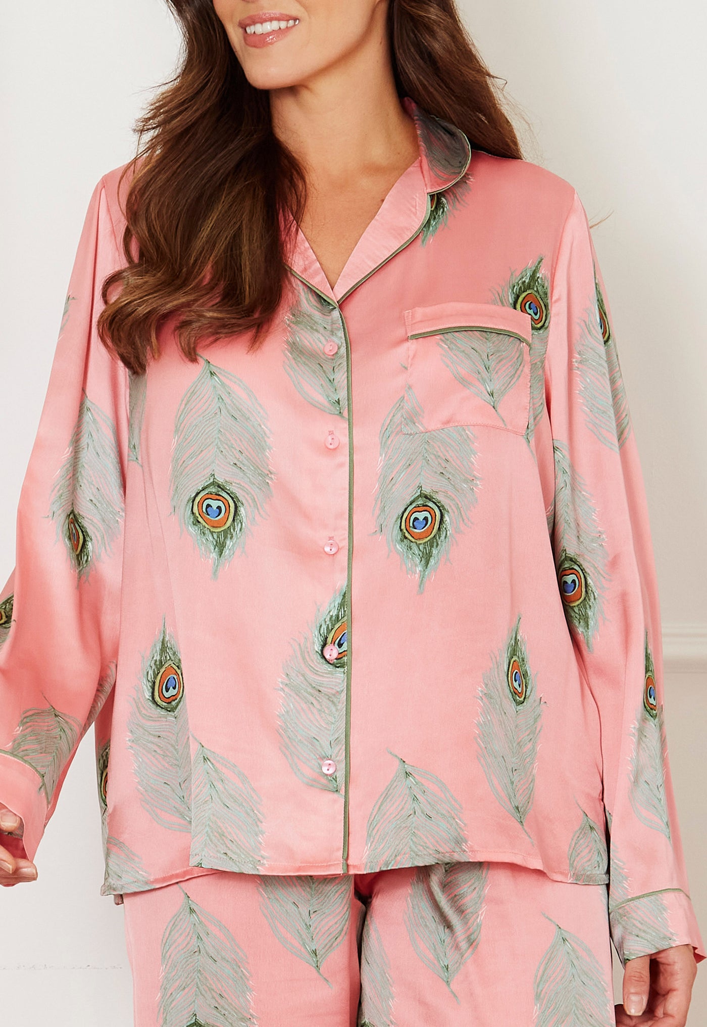 Womens Stand Alone Satin Pyjama Top, Warm Pink Peacock Feather