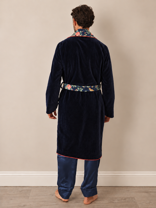 Mens Navy Velvet Dressing Gown with Floral Detail