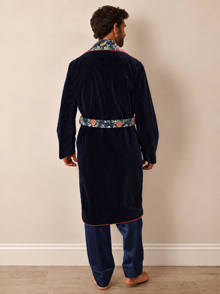 Mens Navy Velvet Dressing Gown with Floral Detail