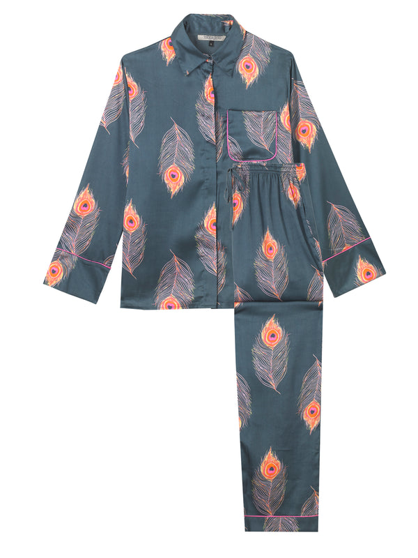 Womens Satin Oversize Concealed Buttons Pyjama Red Navy Peacock