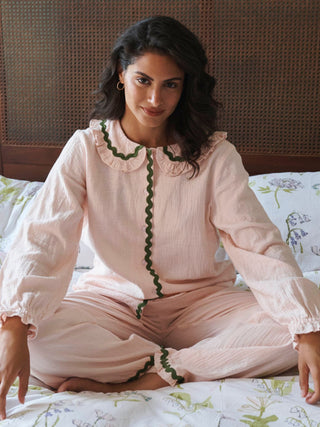 Womens Rosewater Contrast Trim Gauze Frill Collar Pyjama Set