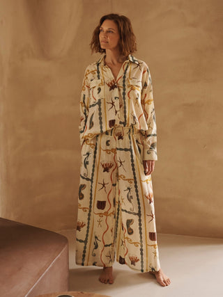 Model wears boyfriend shirt style wide leg long pyjama set