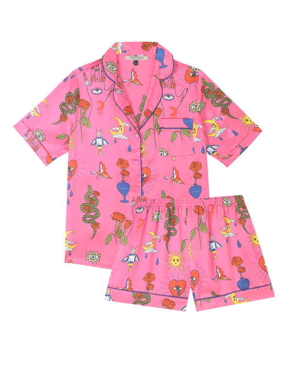 Womens Satin Shortie Pyjamas Pink Magik