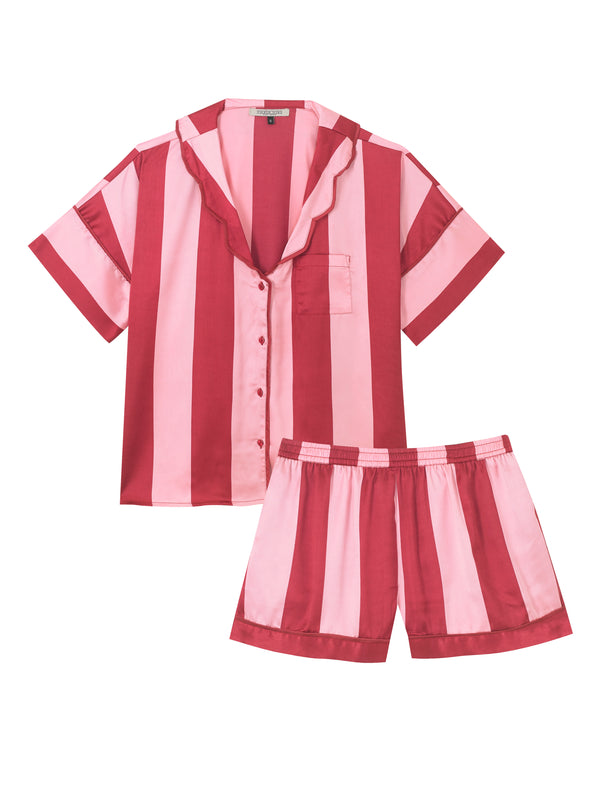 Pink stripe satin pyjama set on a white background