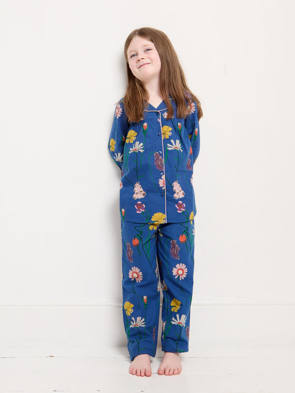 Girls Cotton Pyjamas Navy Field Flower