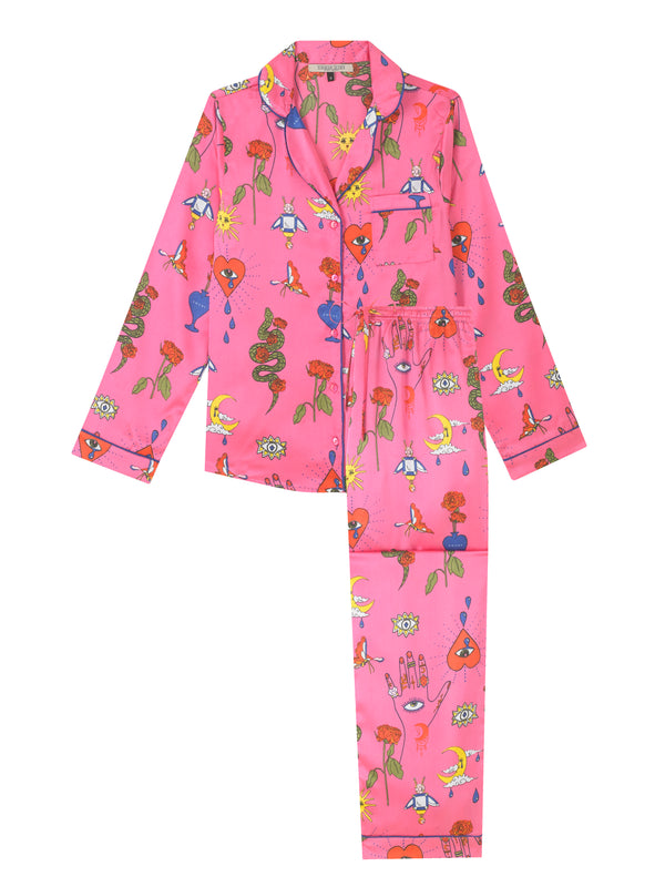 Womens Satin Traditional Pyjamas Pink Magik