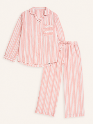 A two-piece pajama set featuring a long-sleeve button-up shirt and matching pants, both with vertical pink and white stripes.