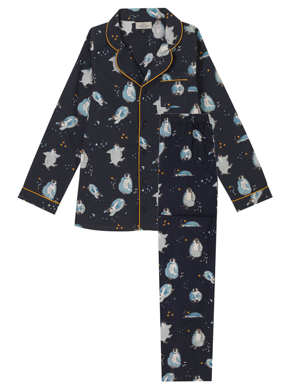 Tween Cotton Traditional Pyjamas Navy Penguins