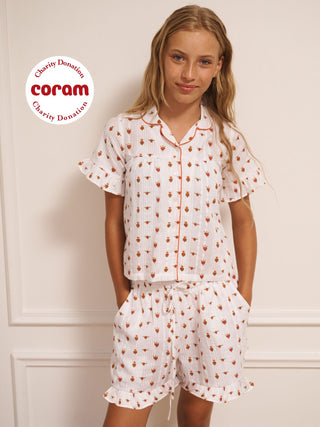 Tween Girl White Teeny Tiny Sacred Hearts Cotton Frill Shorts Pyjama Set
