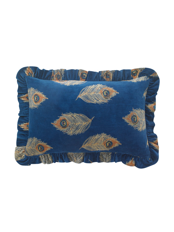 Frill Velvet Cushion Cover Gold Peacock Feather