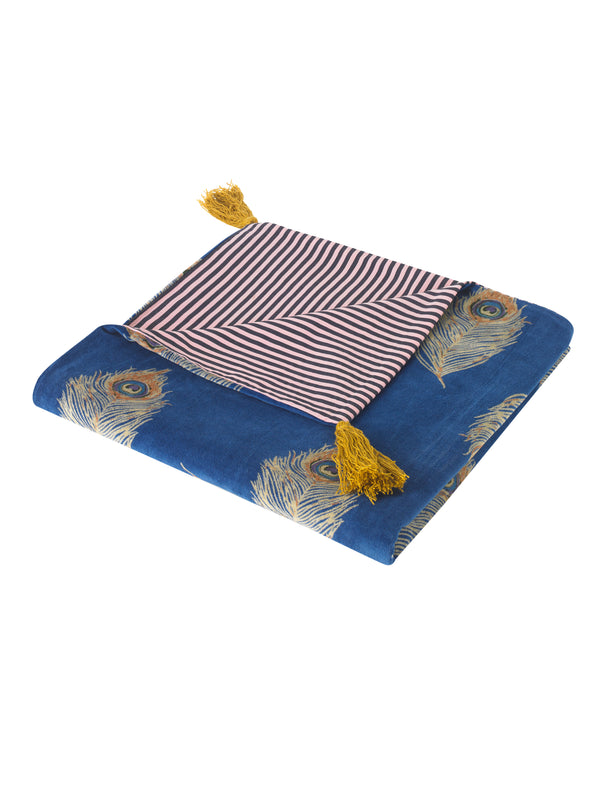 Velvet Throw Navy Peacock Gold Feather