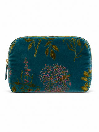 Blue cosmetic bag with floral pattern on a white background