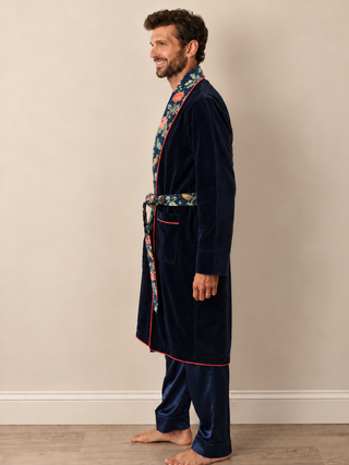Mens Navy Velvet Dressing Gown with Floral Detail