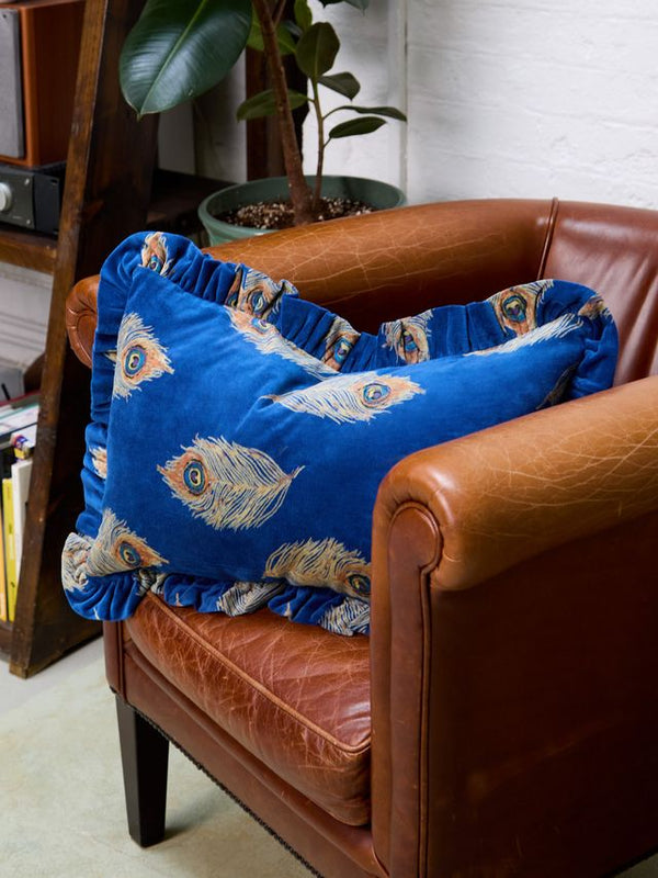 Frill Velvet Cushion Cover Gold Peacock Feather