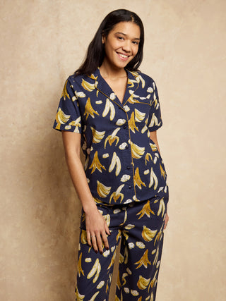 Navy Banana Cotton Short Sleeve Capri Pyjamas