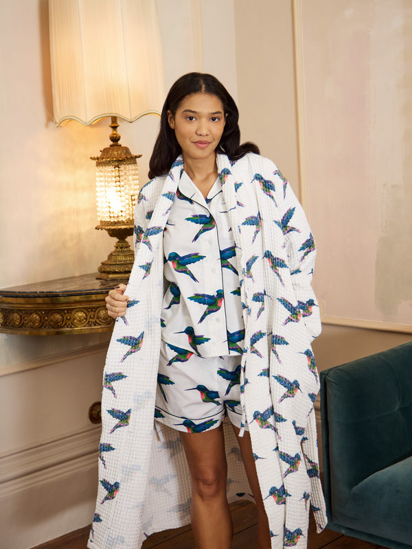 Womens Waffle Grandpa Robe White Hummingbird