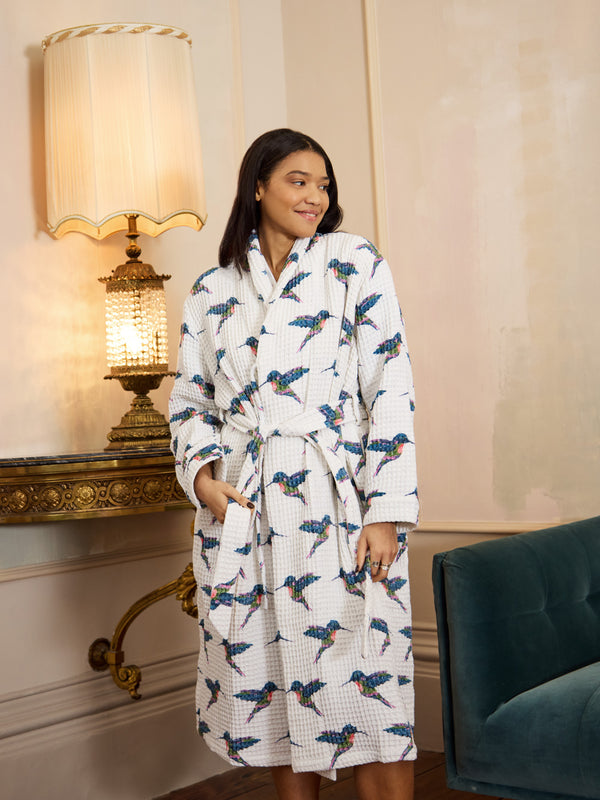 Womens Waffle Grandpa Robe White Hummingbird