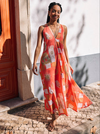 Womens Cotton Voile Dress Terracotta Moroccan Fruit