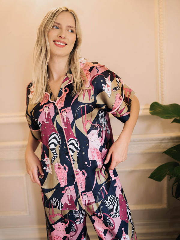 Womens Satin Oversize Pyjamas in Navy 80s Circus