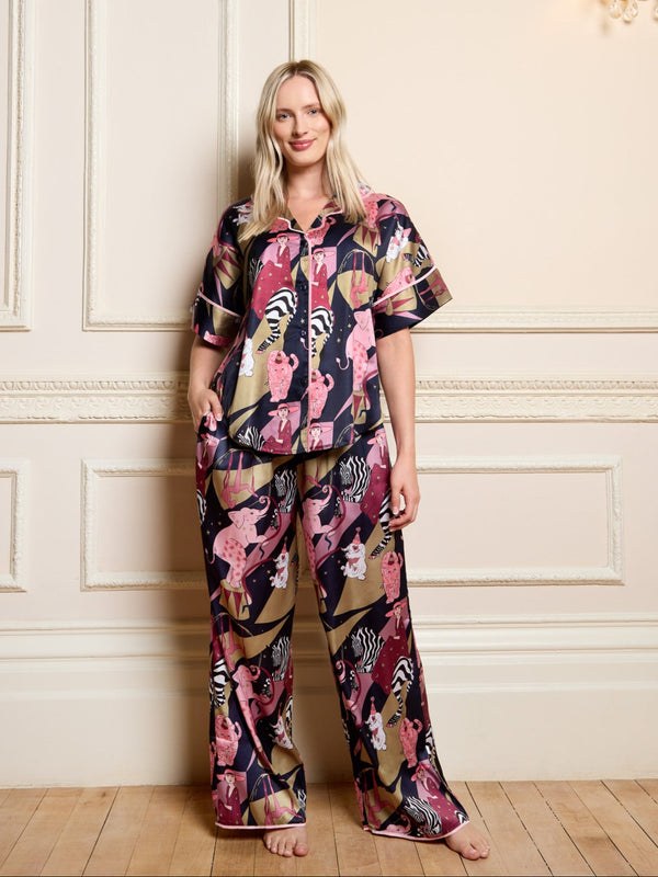Womens Satin Oversize Pyjamas in Navy 80s Circus