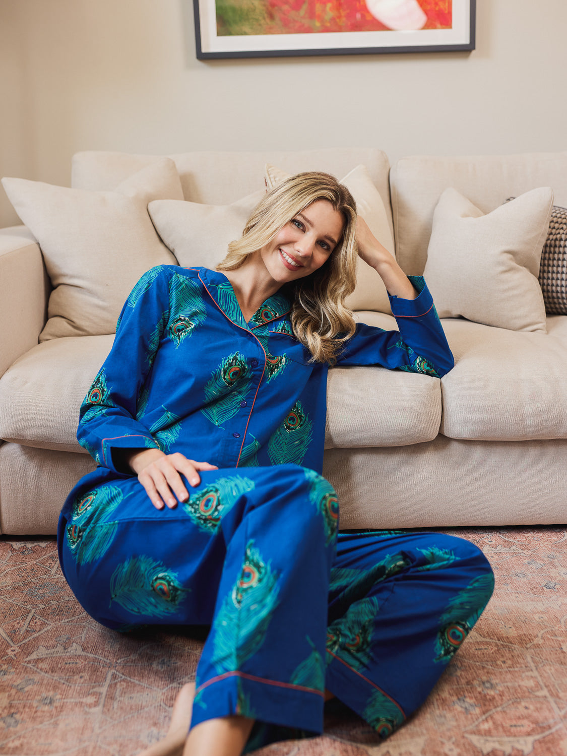 Womens Cotton Traditional Pyjamas Navy Peacock Feather – THEIR NIBS