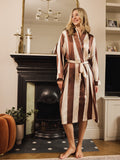 Womens Satin Grandpa Dressing Gown Robe Chocolate Stripe