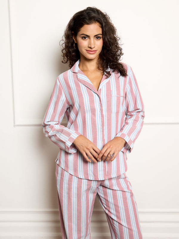 Womens Cotton Traditional Pyjamas Burgandy Blue Wide Stripe