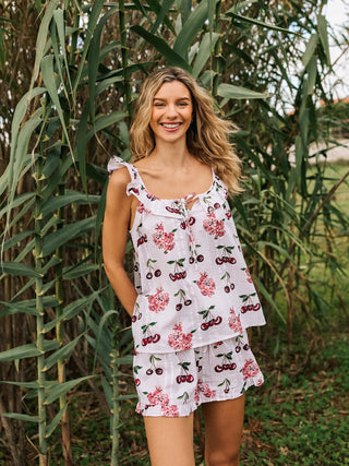 Womens Seersucker Frill Cami Shortie Pyjamas White Cherries