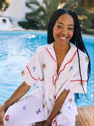 Womens Gauze Oversize Pyjamas White Embroidery