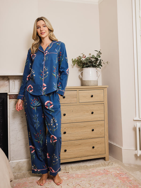 Womens Cotton Traditional Pyjamas Navy Folk Flowers