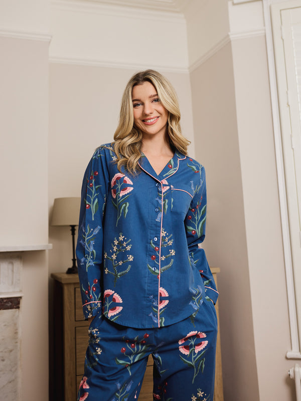Womens Cotton Traditional Pyjamas Navy Folk Flowers