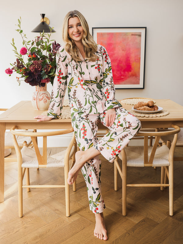 Womens Cotton Traditional Pyjamas Pink Harvest Pears