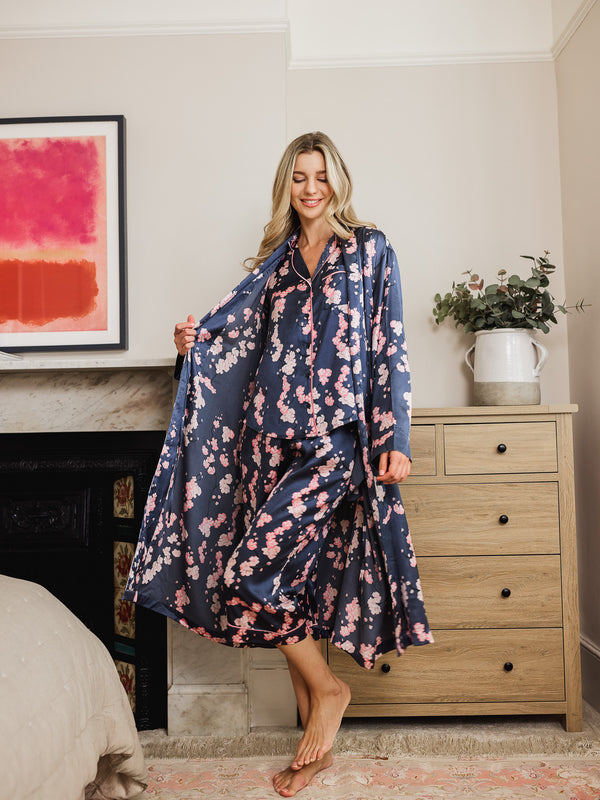 Womens Satin Grandpa Dressing Gown Robe Dark Grey Hawthorne