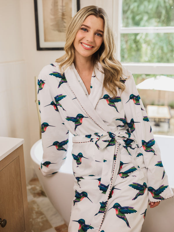 Womens Towelling Dressing Gown Robe White Hummingbird