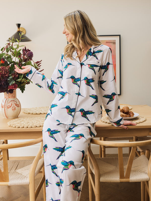 Womens Cotton Traditional Pyjamas White Hummingbird