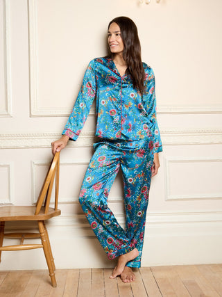 Womens Satin Traditional Pyjamas Blue Firework Embroidery