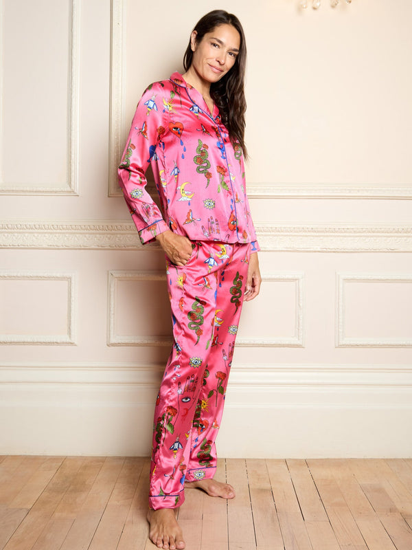 Womens Satin Traditional Pyjamas Pink Magik