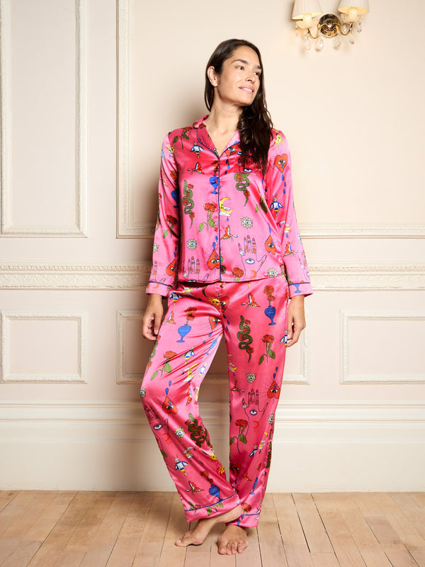 Womens Satin Traditional Pyjamas Pink Magik