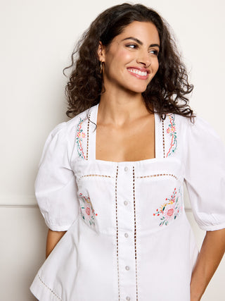 Models wears white embroidered balloon sleeve short pyjamas - focus on top