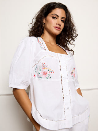 Models wears white embroidered balloon sleeve short pyjamas - focus on flower embroidery 