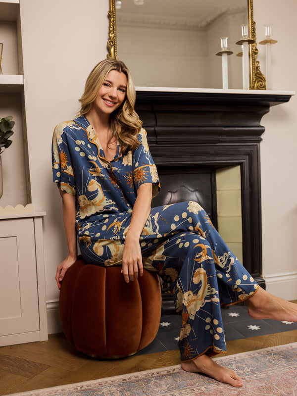 Womens Linen Mix Oversize Pyjamas Blue La Luna