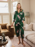Womens Satin Cropped Sleeve Capri Pyjamas Emerald Le Sommeil