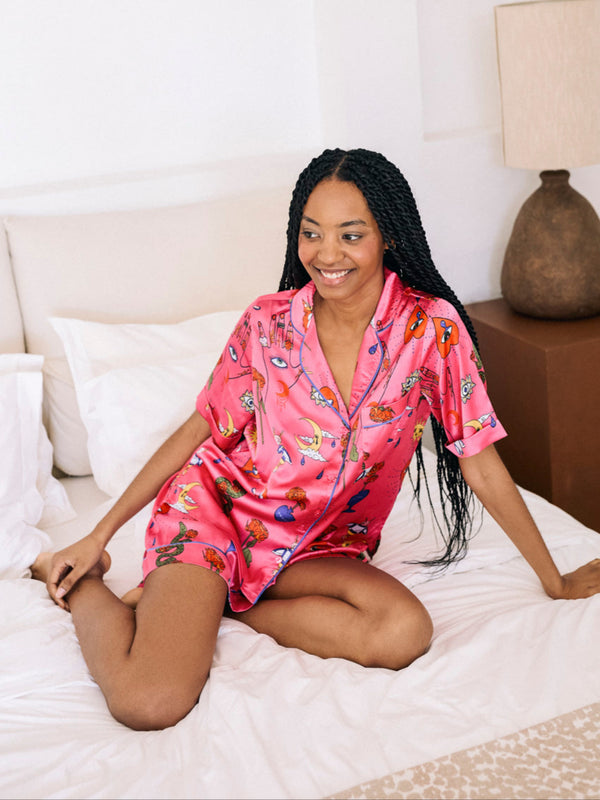 Womens Satin Shortie Pyjamas Pink Magik